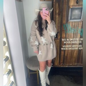 Beige Sweater Dress with White Stars